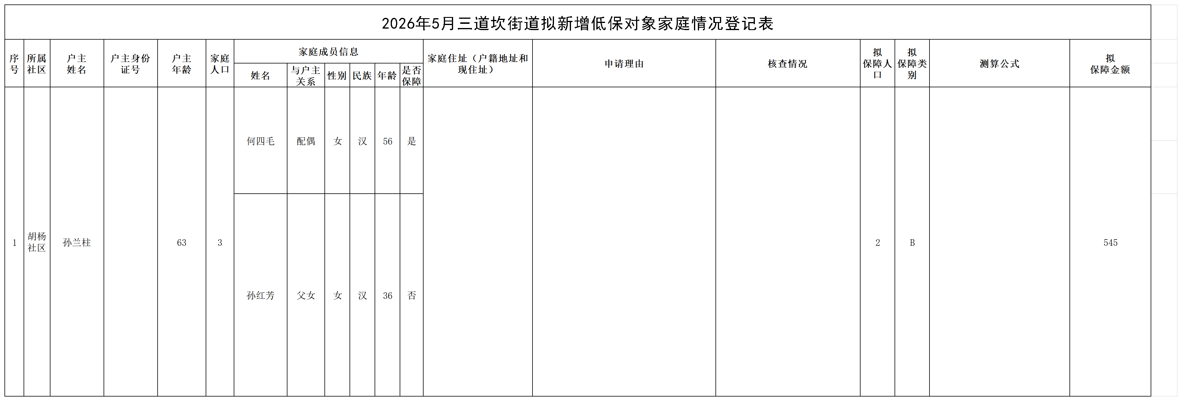 2026年5月三道坎街道拟新增低保对象家庭情况登记表(1)_名单